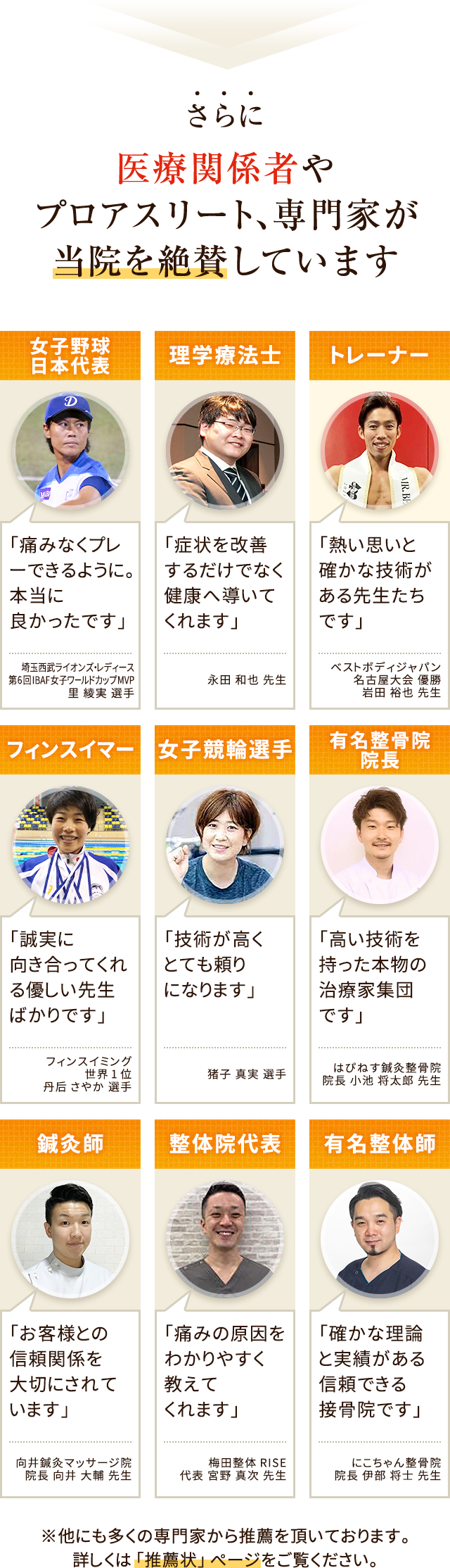医療関係者やプロアスリート、専門家が当院を絶賛しています